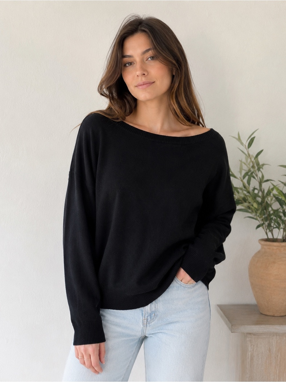 Off-the-Shoulder Black Women's Sweater